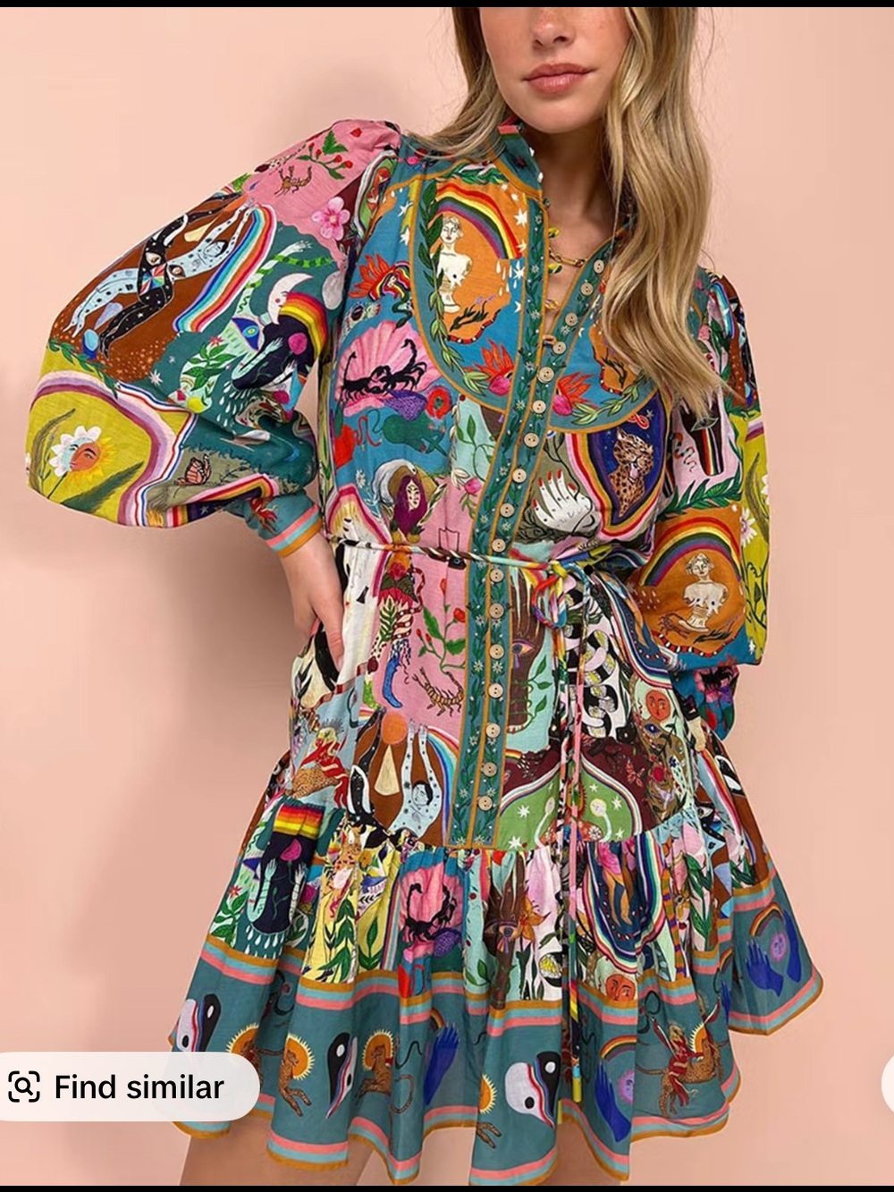Multicolor Printed Tiered Mini Dress with Belt